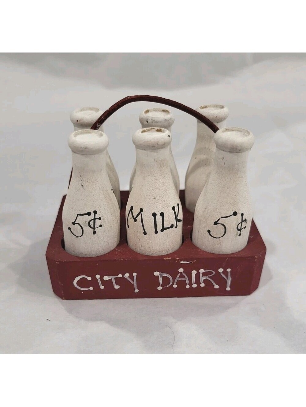 Vintage Wooden Red Crate With Six White Milk Bottles. Miniature Set.